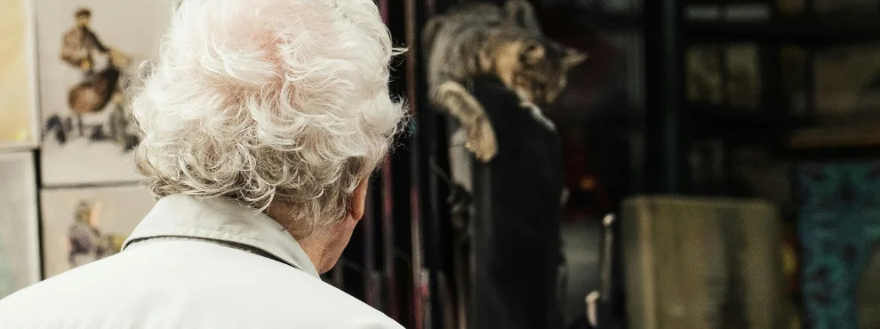 An elderly man stands with his back to the camera in front of a shop window with paintings.