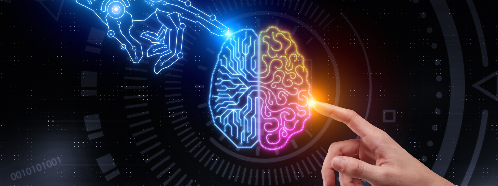 A virtual and a human finger point to a virtual brain.