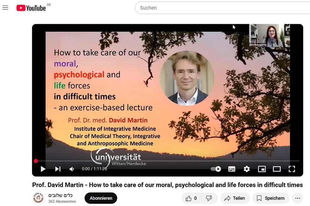 Vortrag von Prof. David Martin an der Hochschule für Psychotherapiestudien mit anthroposophischem Ansatz in Israel Screenshot des YouTube-Vortrags von Prof. Martin